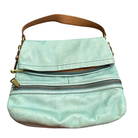 Fossil Purse Light Teal Green Aqua Shoulder Bag Leather Cowhide Fold-Over - Picture 2 of 11